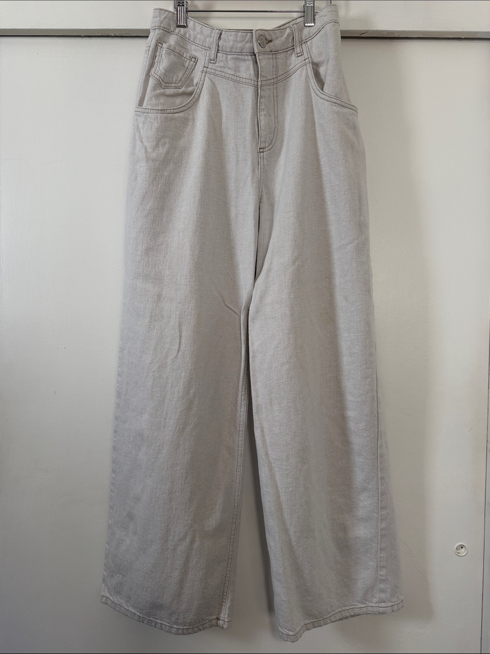 Zara Wide-Leg High-Waist Cotton Linen Jeans Cream Gray Small